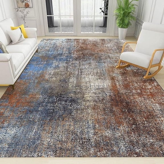 Abstract Rustic Area Rug, Burnt Orange Blue Beige Coloful Distressed Aesthetic Soft Washable Carpet, Indoor Decorative Rug With Non-Slip Backing For Living Room Bedroom 3 x 4ft
