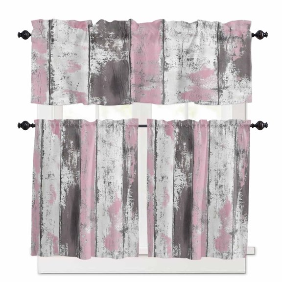 Abstract Rustic Wooden Kitchen Curtains Valances and Tiers Set of 3, 24 Inch Length Tier Curtains and Valance Rod Pocket Valance Curtains Set for Kitchen Bathroom Small Windows