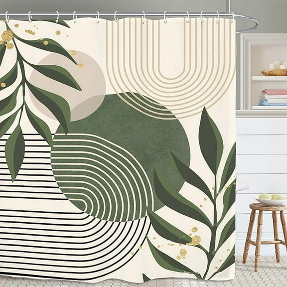 Abstract Sage Green Bathroom Shower Curtain Modern Contemporary Minimalist Plant Leaves Aesthetic Polyester Fabric 12 Plastic Hooks Waterproof Decor 36"W x 72"L (Pack of 1)