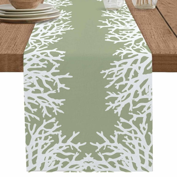 Abstract Sage Green Coral Table Runner-70 Inch Long Modern Minimalist Art Table Runners Linen Burlap Tablerunner for Kitchen Dining Room Holiday Party