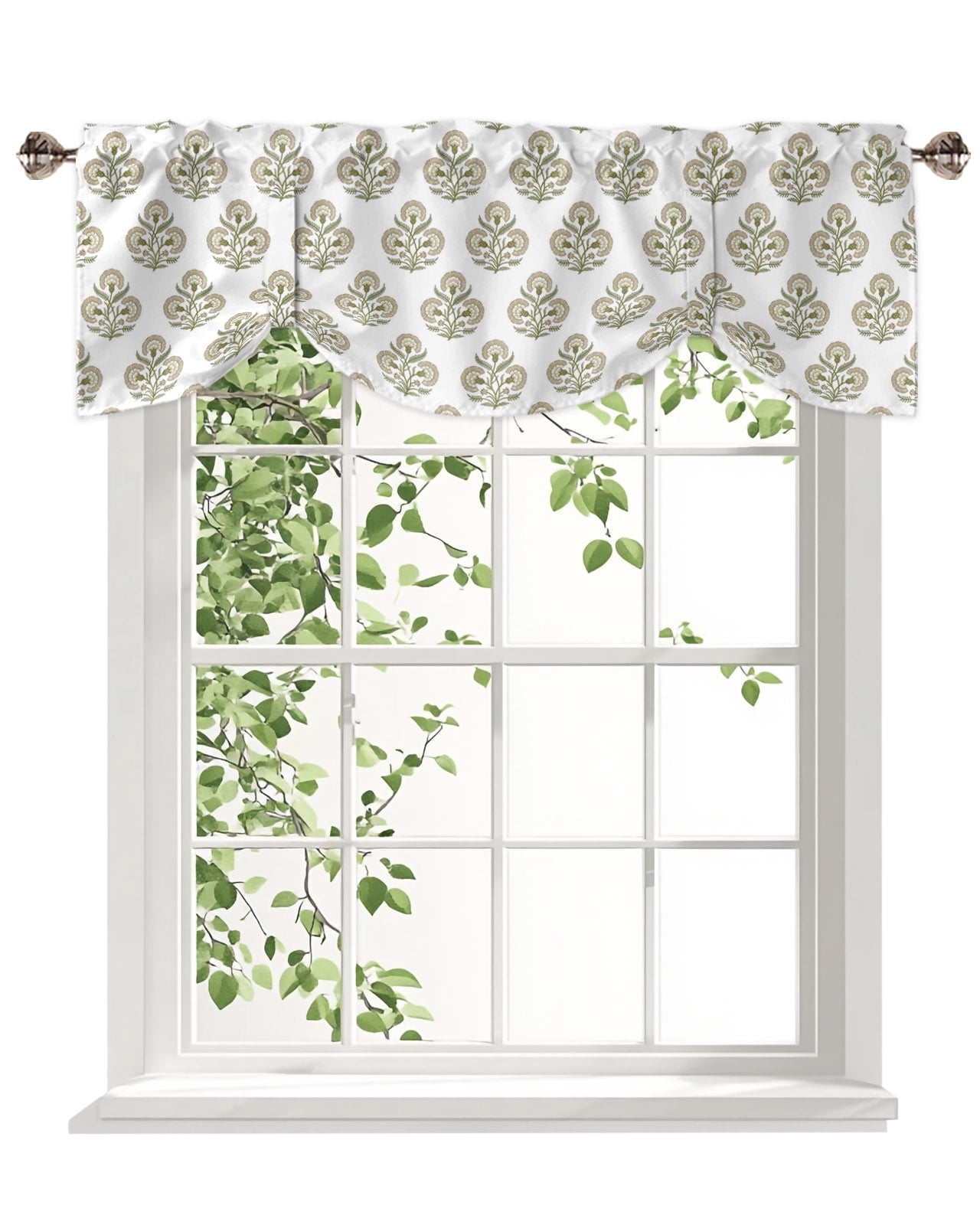 Abstract Sage Green Floral Tie Up Valances Curtain, Vintage Exotic ...