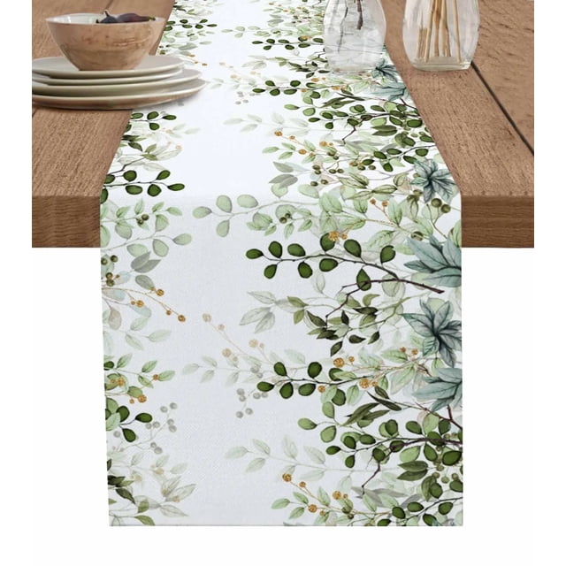 Abstract Sage Green Leaves Branches Linen Table Runner Kitchen Table