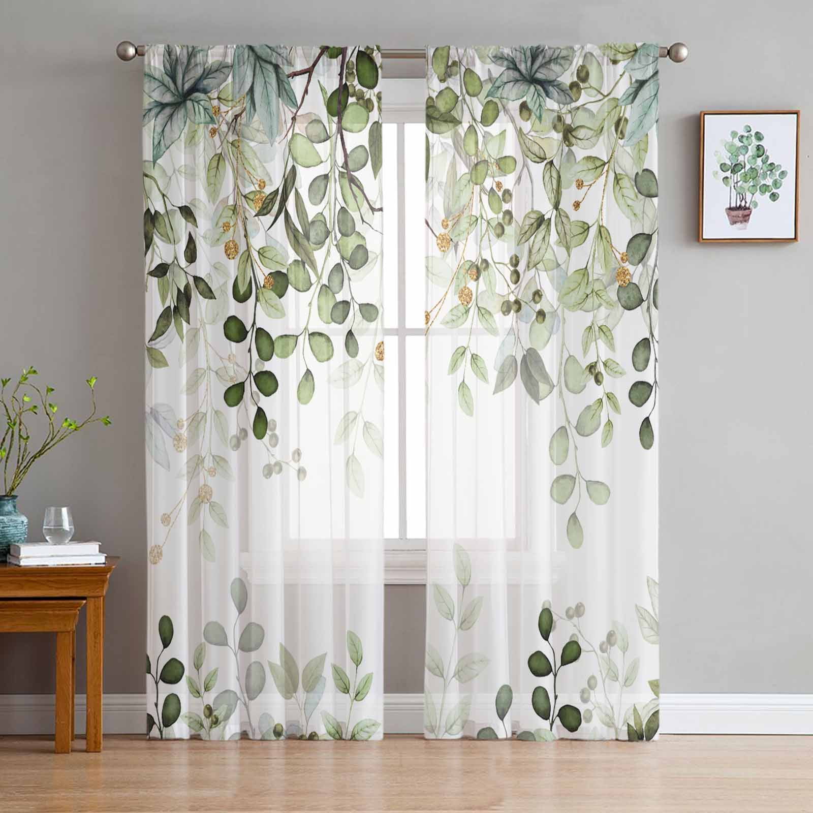 Abstract Sage Green Leaves Branches Tulle Curtains Living Room Kitchen