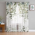 Abstract Sage Green Leaves Branches Tulle Curtains Living Room Kitchen