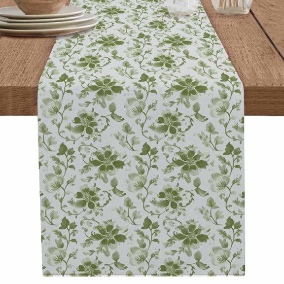 Abstract Sage Green Leaves on Vintage Table Runner-36 Inch Long Watercolor Flower Table Runners Linen Burlap Tablerunner for Kitchen Dining Room Holiday Party