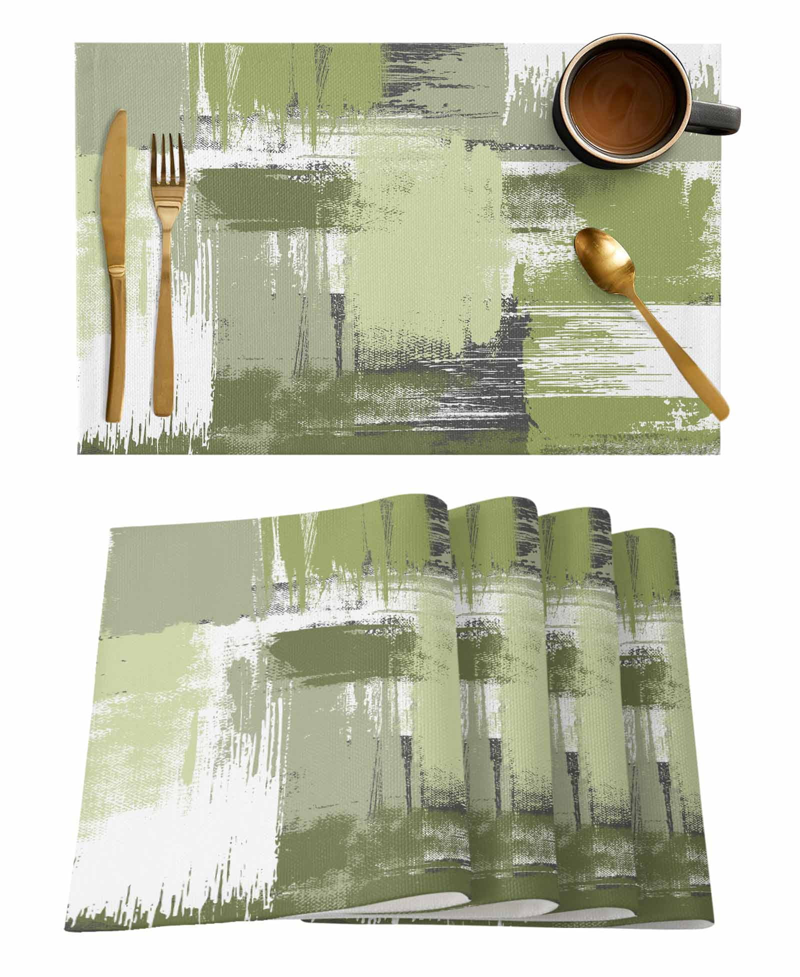 Abstract Sage Green Placemats for Dining Table Set of 4, Washable