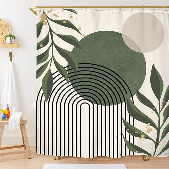 Abstract Sage Green Shower Curtain Set 71Wx71H Inches Minimalist Plant Aesthetic Modern Neutral Leaves Mid Century Waterproof Bathroom Curtain with 12 Hooks