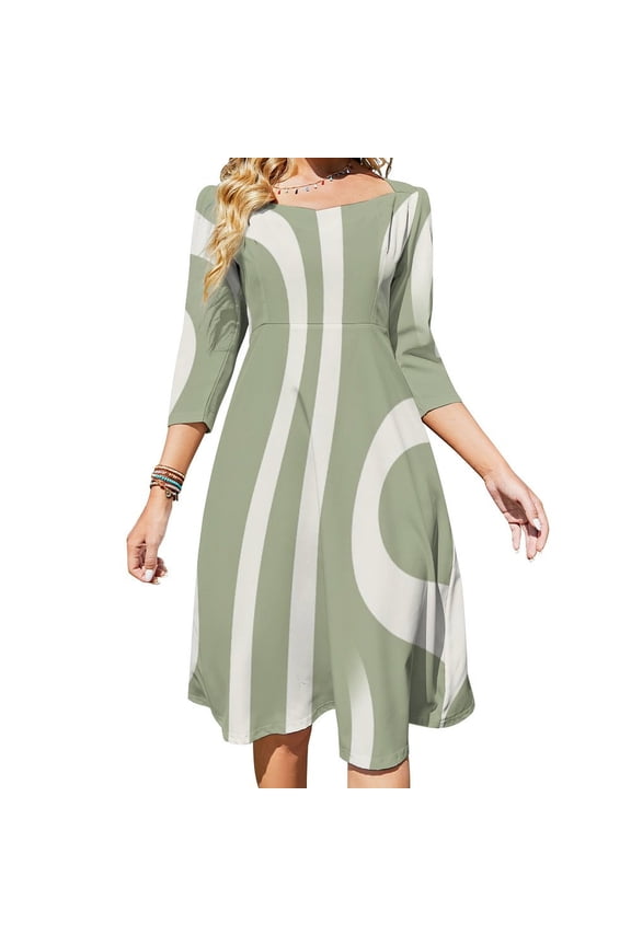 Abstract Sage Green Wave Pattern Women's Fall Dresses Casual Loose Flowy Swing Shift Dress
