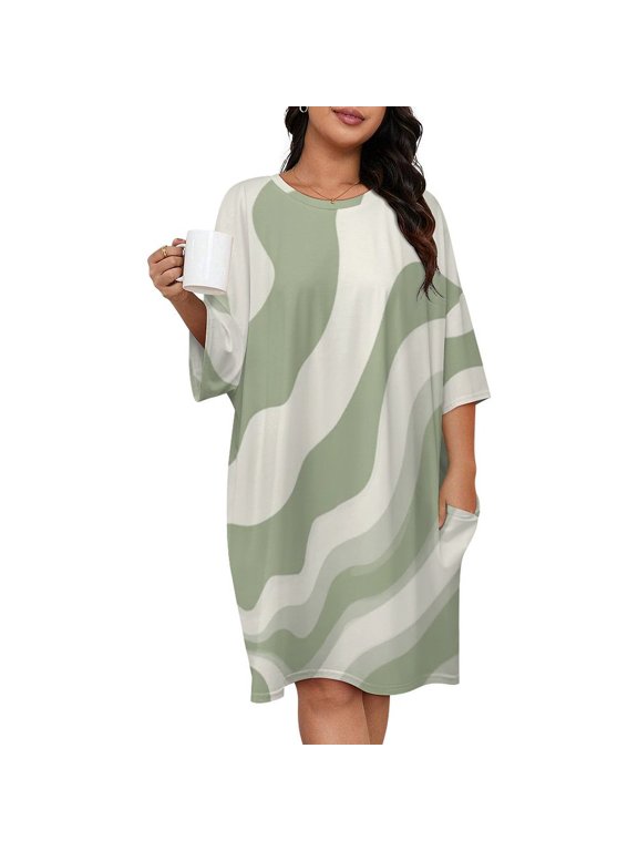 Abstract Sage Green Waves Design Sleepshirts For Sleeping Travels Loose Sleepdress Pajama Dress Soft Nightdress Sleepwear