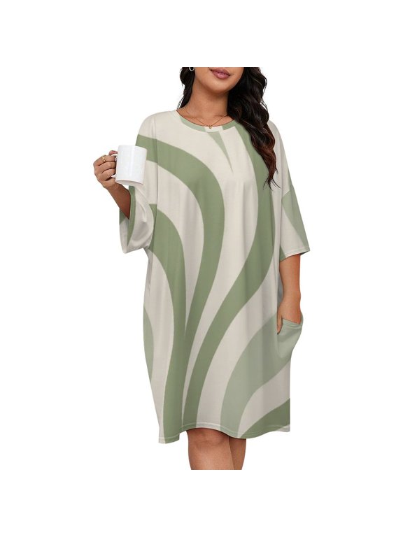 Abstract Sage Green Waves Pattern Sleepshirts For Sleeping Travels Loose Sleepdress Pajama Dress Soft Nightdress Sleepwear