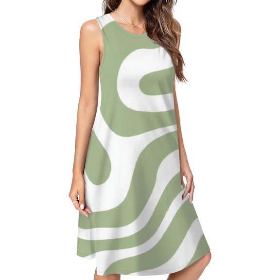 Abstract Sage Green Wavy Lines Dress Elegant Party Dresses Evening Dresses Women Dress Sleeveless Dress Ladies Dresses