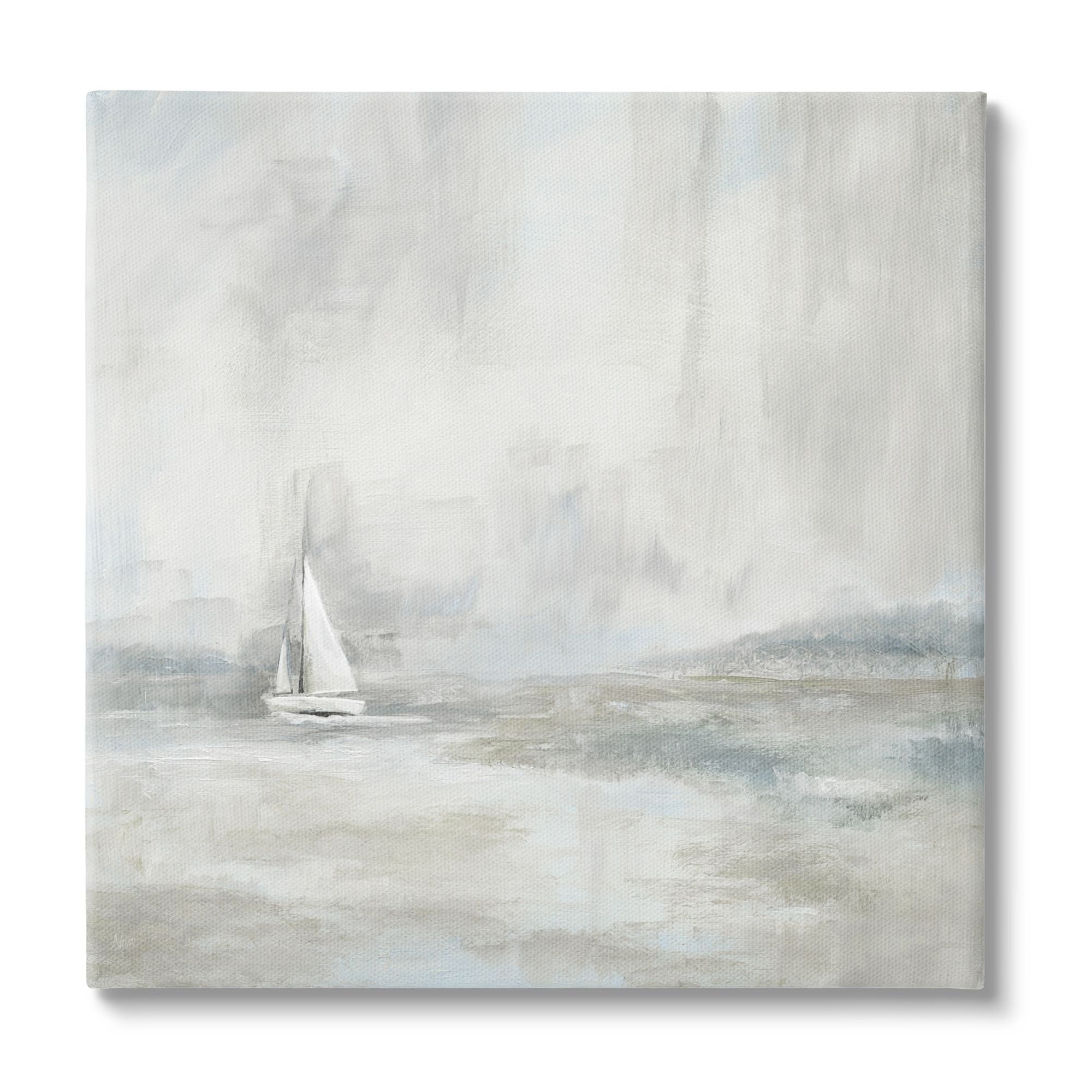 Abstract Sailboat Drifting Ocean Waves Beige Neutrals Coastal Painting Gallery-Wrapped Canvas Print Wall Art