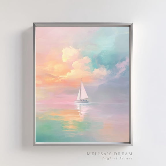 Abstract Sailboat Sunset Print Pastel Coastal Wall Decoration, Unframed Paper Poster 8x10in