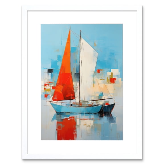 Abstract Sailing Boats Ships Oil Painting Palette Knife Bathroom Artwork Vibrant Orange Blue Harbor Seascape Artwork Framed Wall Art Print 9X7 Inch