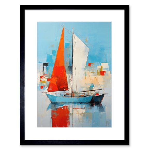 Abstract Sailing Boats Ships Oil Painting Palette Knife Bathroom Artwork Vibrant Orange Blue Harbor Seascape Artwork Framed Wall Art Print 9X7 Inch