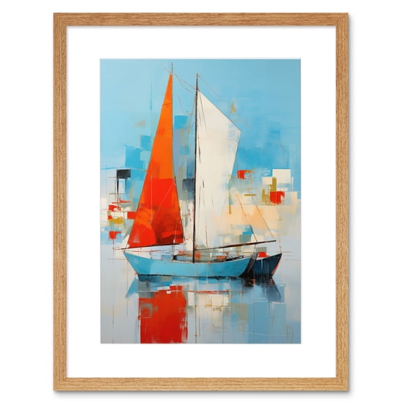 Abstract Sailing Boats Ships Oil Painting Palette Knife Bathroom Artwork Vibrant Orange Blue Harbor Seascape Artwork Framed Wall Art Print 9X7 Inch