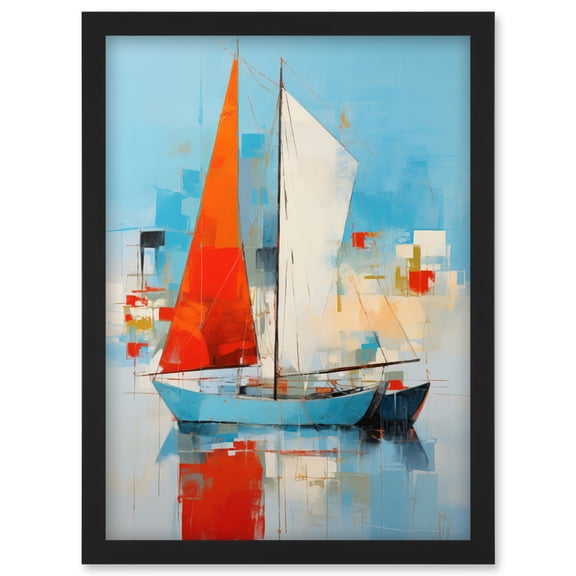 Abstract Sailing Boats Ships Oil Painting Palette Knife Bathroom Artwork Vibrant Orange Blue Harbor Seascape Artwork Framed Wall Art Print A4