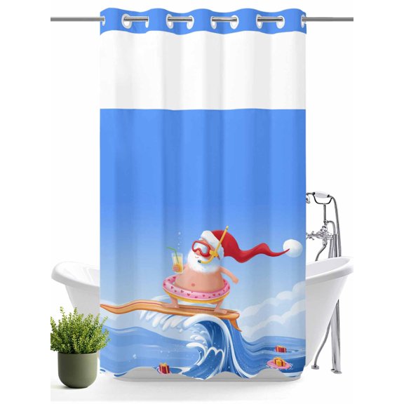 Abstract Santa Claus on Oceans No Hooks Shower Curtain with Snap in Fabric Liner Set, Surfing Surfboard Shower Curtains Waterproof Bathroom Curtain with See Through Top Window, 36x72 Inch