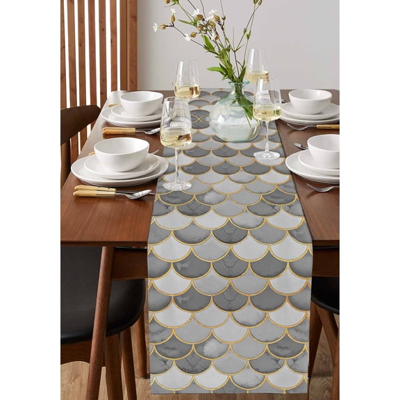 Abstract Scales Gold Line Table Runner 13x36in Non-Slip Cotton Linen Table Runners, Grey Ombre Fish Tail Dresser Scarves TableRunner for Dinner Kitchen Dining Wedding Party