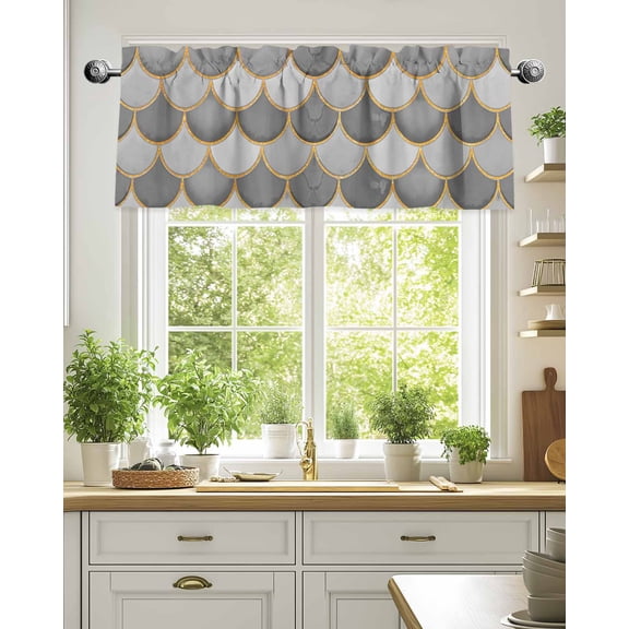 Abstract Scales Gold Line Valances for Windows,Kitchen Valance Rod Pocket Short Curtain,Grey Ombre Fish Tail Valance Curtain Window Valances for Bedroom Living Room 54x18in