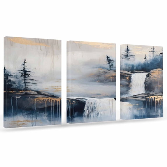 Abstract Scenery Art Canvas Wall Art 3 Panels, Mountain Waterfall Trees Watercolor Framed Wall Decor Modern Artwork Prints Painting for Living Room, Bedroom, Kitchen & Cafe Decor 16" x 20"
