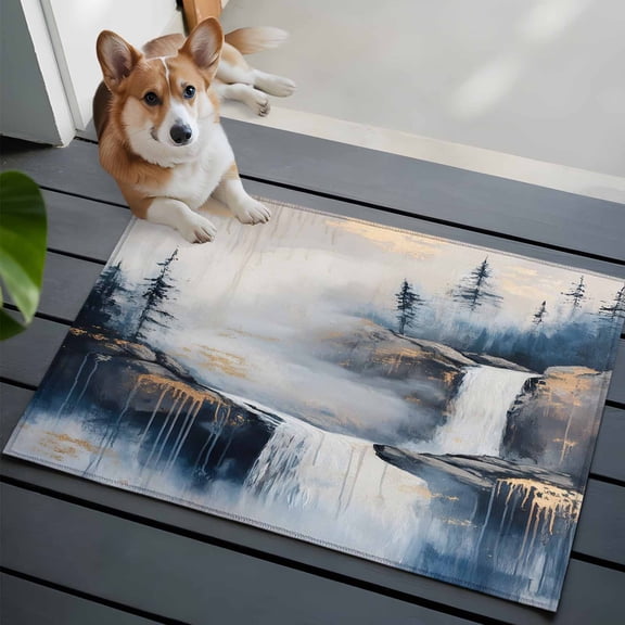 Abstract Scenery Art Front Door Rugs 2x3 ft Mountain Waterfall Trees Watercolor Small Rug for Entryway Non Slip Washable Bathroom Door Mat Absorbent Floor Mat for Indoor Entrance