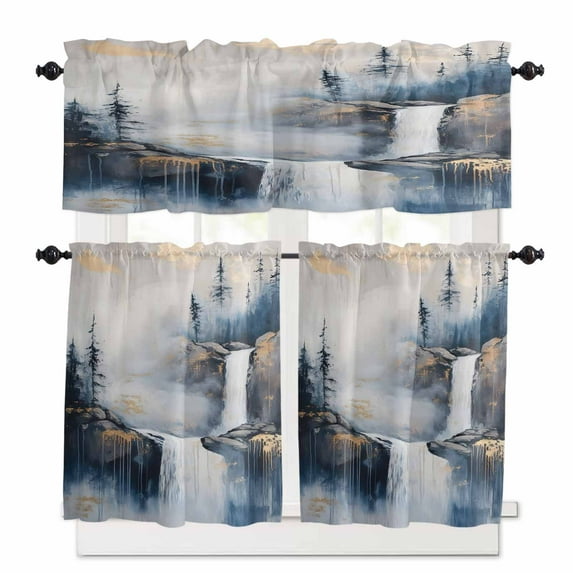 Abstract Scenery Art Kitchen Curtains and Valances Set, Mountain Waterfall Trees Watercolor Rod Pocket Window Valance Window Curtain Panels for Living Room Bedroom Laundry, 27.5x24in, 3 Pieces