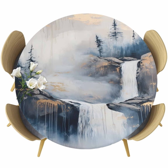 Abstract Scenery Art Round Fitted Table Cover Mountain Waterfall Trees Watercolor Waterproof Table Cloth with Elastic Edge Wipeable Tablecloth for Picnic Camping Party Fits 36"-44" Diameter