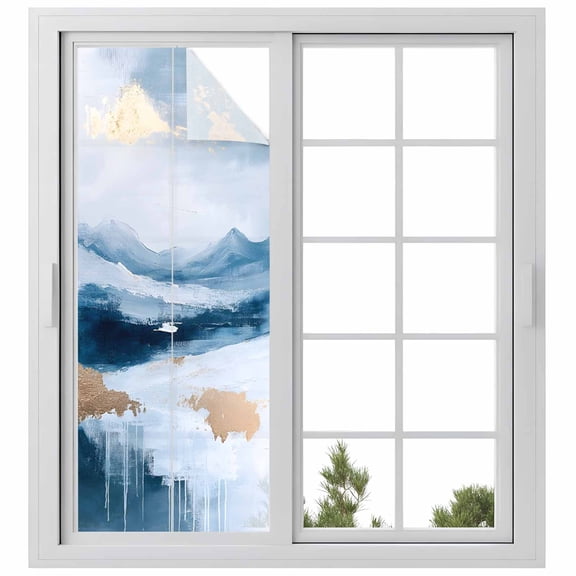 Abstract Scenery Art Window Privacy Film Mountain Lake Sky Blue Gradient Decorative Glass Window Film UV Blocking Static Cling Non-Adhesive Sticker Covering for Home Door 23.6 x 59 inches