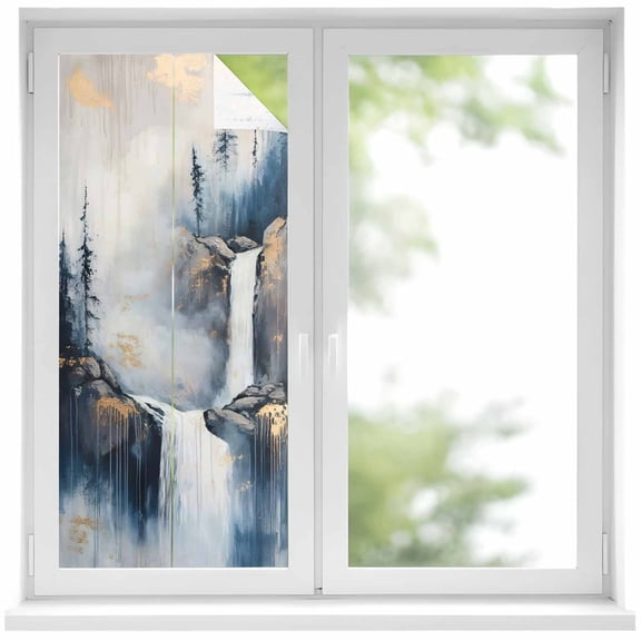 Abstract Scenery Art Window Privacy Film Mountain Waterfall Trees Watercolor Decorative Glass Window Film UV Blocking Static Cling Non-Adhesive Sticker Covering for Home Door 17.7 x 39.3 inches