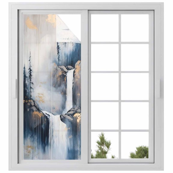 Abstract Scenery Art Window Privacy Film Mountain Waterfall Trees Watercolor Decorative Glass Window Film UV Blocking Static Cling Non-Adhesive Sticker Covering for Home Door 23.6 x 59 inches