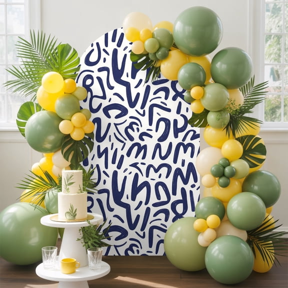 Abstract Scribbles Arch Backdrop Cover, 4FT, Calligraphic Marks Modern Navy Blue Spandex Arch Covers Double-Sided Backdrop for Wedding Birthday Party Photo Background Decoration