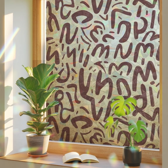 Abstract Scribbles Window Privacy Film, Calligraphic Marks Modern Brown Stained Glass Rainbow Film Decorative Window Clings, Static Cling Sun Blocking Stickers 17.7" x 39.3"