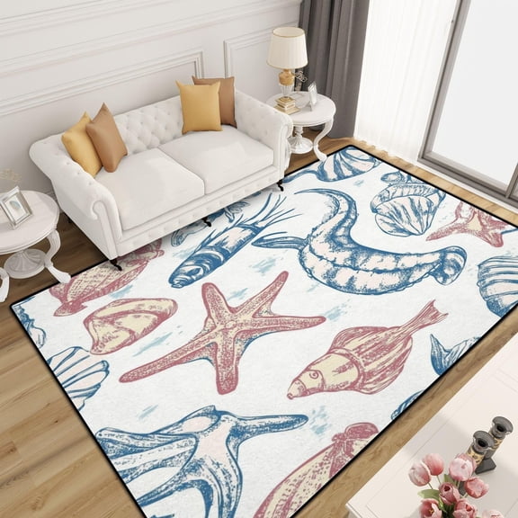 Abstract Sea Ornament Sketches Starfishes Shells Stones Seaweed Coral Low Pile Large Rug Non-Slip Non-Shedding Rug Indoor Carpet For Living Room Bedroom Home Decor 4x6ft