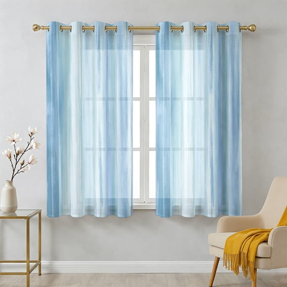 Abstract Sea Sheer Curtains 54 Inch Long 2 Panels, Modern Minimalist Light Blue Stripes Light Filtering Semi Sheer Drapes Grommet Voile Window Curtain for Living Bedroom W42 x L54