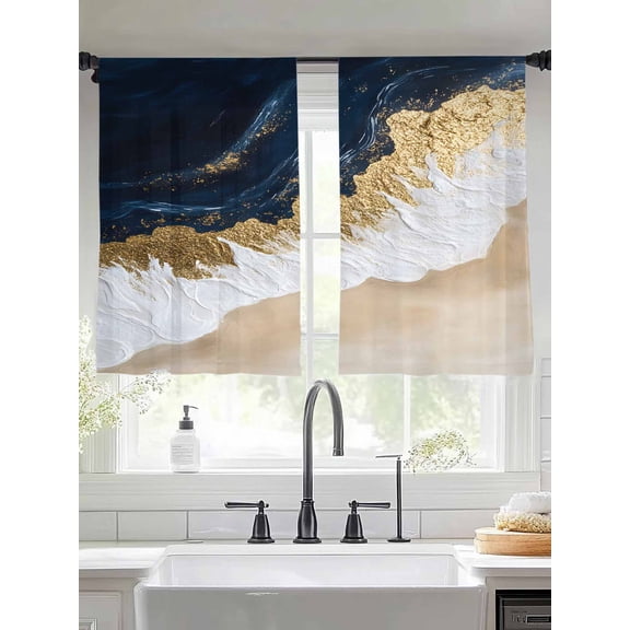 Abstract Sea Sheer Curtains 54 Inches Long 2 Panels Wave Texture Blue Gold White Ombre Modern Art Light Filtering Semi Sheer Window Curtains Drapes for Bedroom Living Room 52"x54"