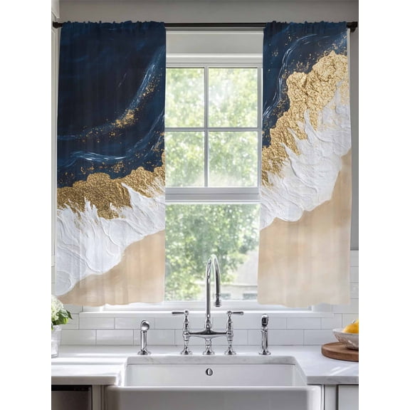 Abstract Sea Sheer Curtains 63 Inches Long 2 Panels Wave Texture Blue Gold White Ombre Modern Art Light Filtering Semi Sheer Window Curtains Drapes for Bedroom Living Room 52"x63"