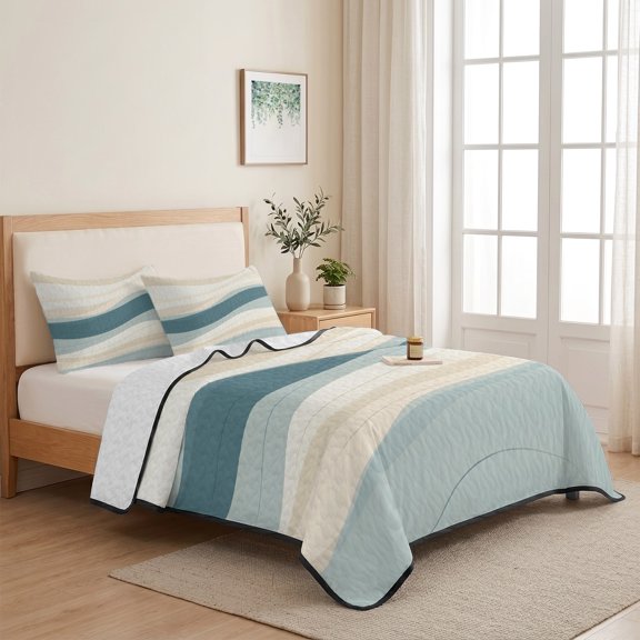 Abstract Sea Wave Effect 3 Pieces Quilt Set,1 Quilt with 2 Shams,Watercolor Bedspread Soft Lightweight Bedding Coverlet Comforter Set for All Season 68"x98"