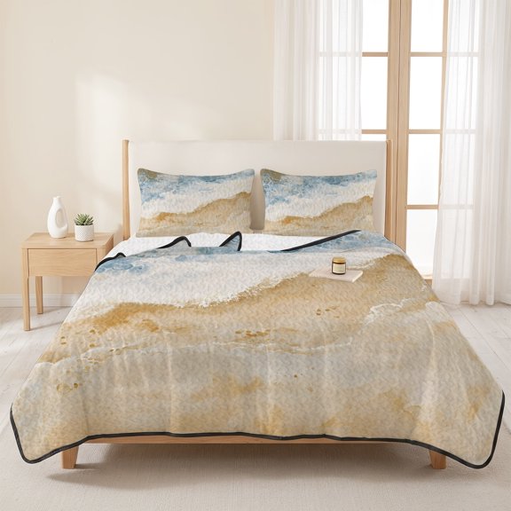 Abstract Sea Waves Beach Art 3 Pieces Quilt Set,1 Quilt with 2 Shams,Ocean Spray Summer Seaside Bedspread Soft Lightweight Bedding Coverlet Comforter Set for All Season 96"x106"