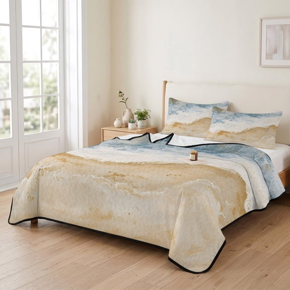Abstract Sea Waves Beach Art 3 Pieces Quilt Set,1 Quilt with 2 Shams,Ocean Spray Summer Seaside Bedspread Soft Lightweight Bedding Coverlet Comforter Set for All Season 90"x96"