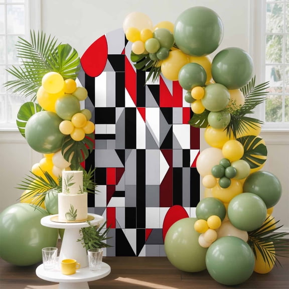 Abstract Seamless Stitching Arch Backdrop Cover, 6.6FT, Red Black Striped Design Spandex Arch Covers Double-Sided Backdrop for Wedding Birthday Party Photo Background Decoration