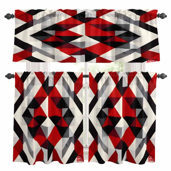 Abstract Seamless Stitching Kitchen Curtains Valances and Tiers Set of 3 Red Black Old Fashioned Tier Curtains and Valance with Rod Pocket for Small Windows, 27.5"x36"