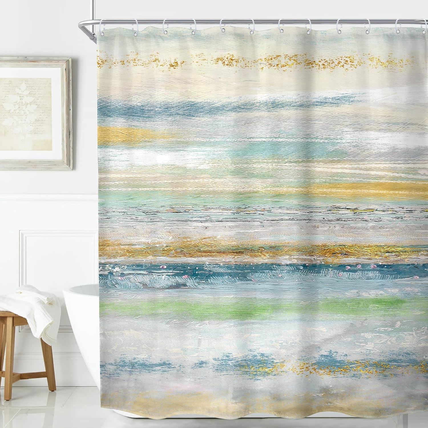 Abstract Seascape Shower Curtain for Bathroom Decor 72Wx72H Inches Oil Painting Sun Ocean Beach Waves Coastal Seaside Aesthetic Minimalist Modern Gold Fabric Waterproof Polyester 12 Pack Hooks