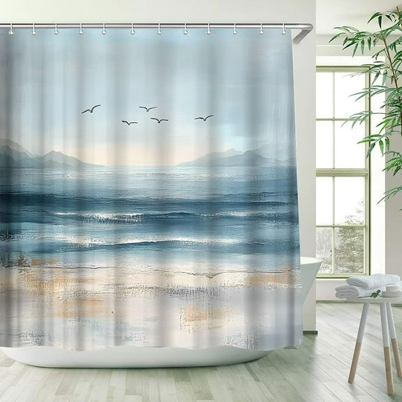 Abstract Seascape Shower Curtain for Bathroom Decor Oil Painting Sun Ocean Beach Waves Coastal Seaside Aesthetic Minimalist Modern Fabric Waterproof Polyester with Hook-48"W x 72"L (Pack of 1)