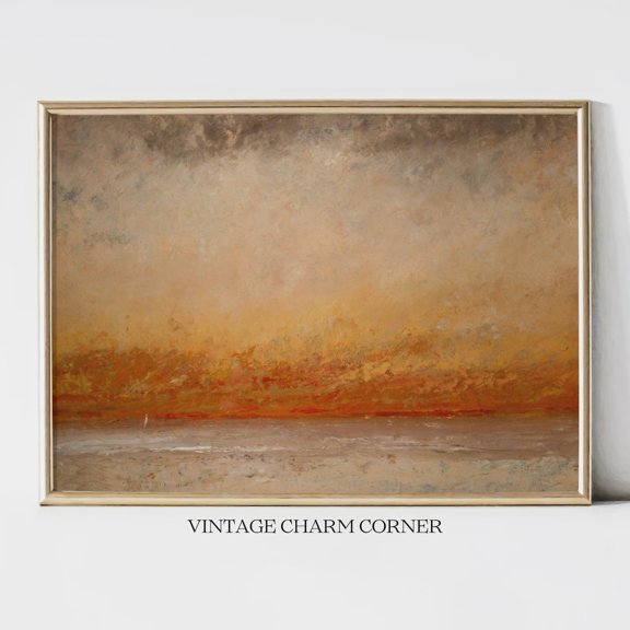 Abstract Seascape Sunset Warm Orange Red Horizon Art, UNFRAMED Size 24x24