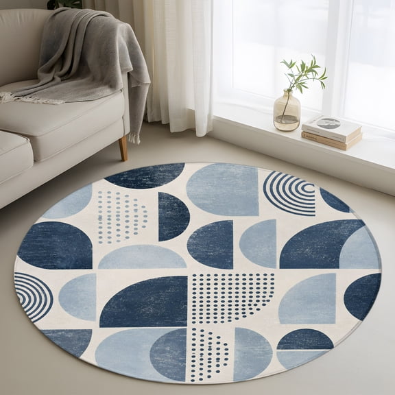 Abstract Semicircles 3FT Round Area Rugs Boho Art Modern Denim Blue Geometrics Soft Small Round Rug Non-Slip, Ultra-Thin Circle Carpet for Bedroom Entryway Kitchen Bathroom