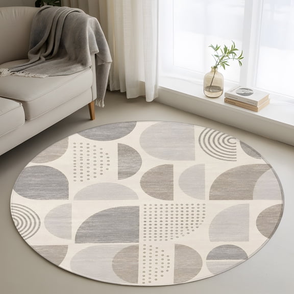 Abstract Semicircles 3FT Round Area Rugs Boho Art Modern Taupe Sand Geometrics Soft Small Round Rug Non-Slip, Ultra-Thin Circle Carpet for Bedroom Entryway Kitchen Bathroom