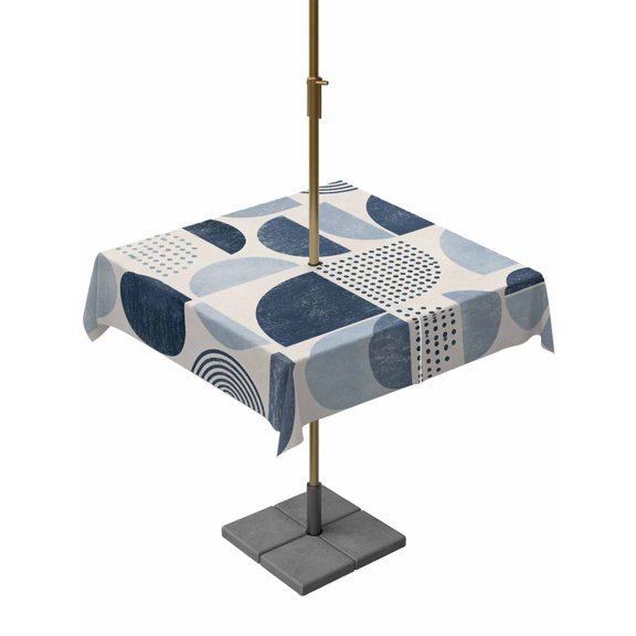 Abstract Semicircles Outdoor Rectangle Tablecloth with Umbrella Hole 54"x54", Boho Art Modern Denim Blue Geometrics Waterproof Zippered Table Cloth Wrinkle Free Wipeable Desk Covers for Patio Party
