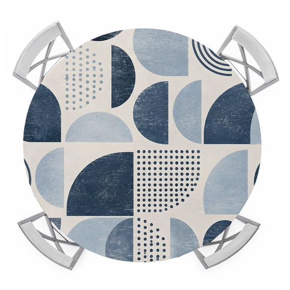 Abstract Semicircles Round Table Cover, Boho Art Modern Denim Blue Geometrics Waterproof Fitted Tablecloths for 36"-44" Tables, Washable Picnic Table Cover for Camping Dining Indoor Outdoor