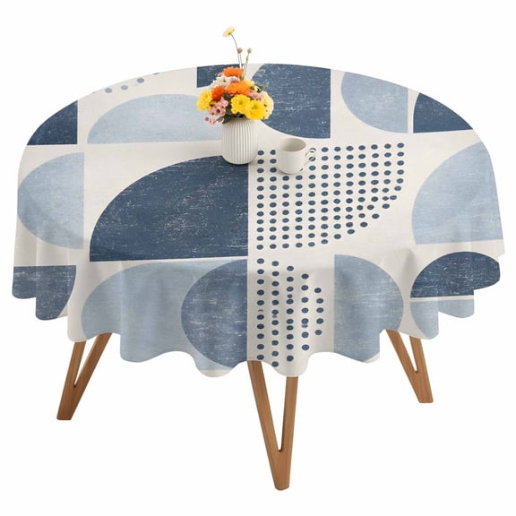 Abstract Semicircles Round Tablecloth 54 inches Boho Art Modern Denim Blue Geometrics Waterproof Oil-Proof Table Cloth Round Table Cover for Holiday Party Picnic Dinner Decor Indoor and Outdoor Use